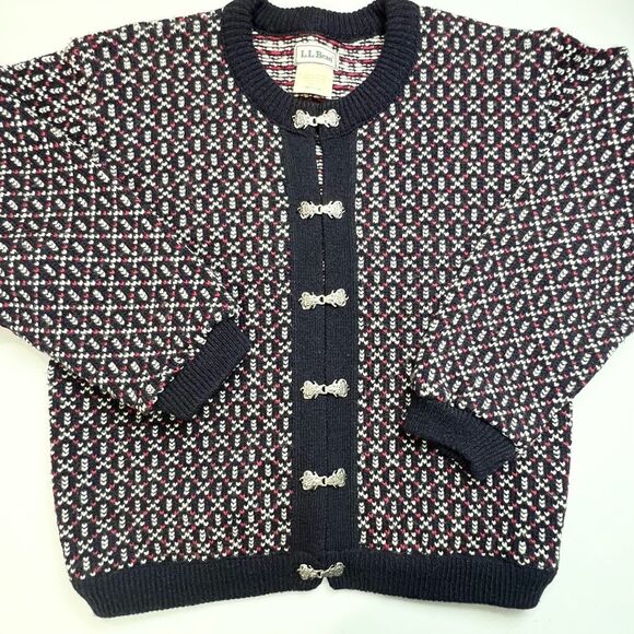 VTG 90s L.L. Bean Wool Blend Nordic Birdseye Silver Clasp Cardigan Sweater M - Picture 13 of 14